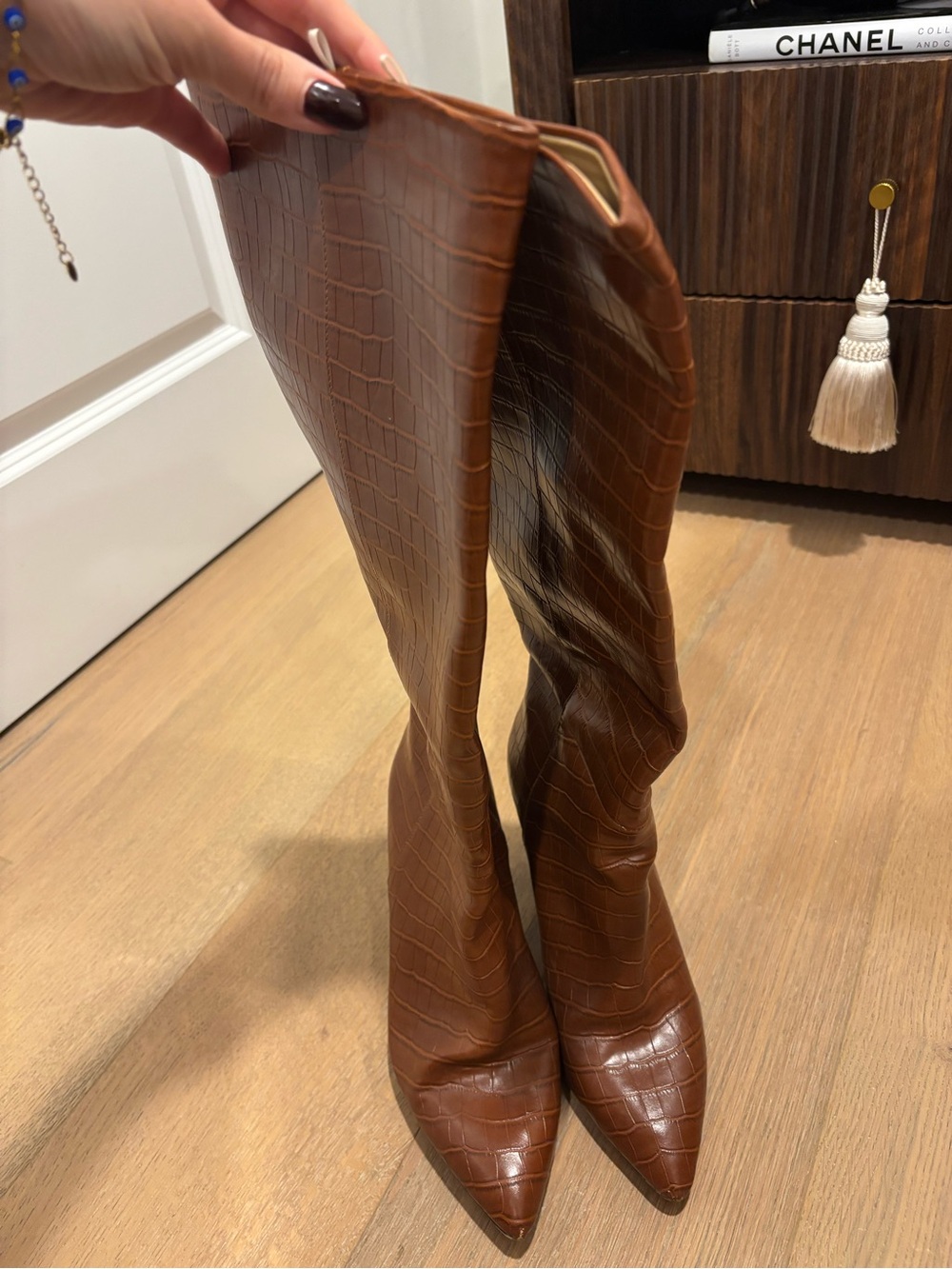 H&M Brown Croc-Embossed Over-the-Knee Pointed-Toe Boots